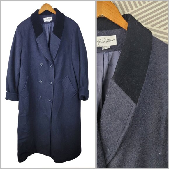 Vintage Wool Winter Long Coat Plus 20W Blue Velvet Trim Trench Double Breasted - Picture 1 of 7